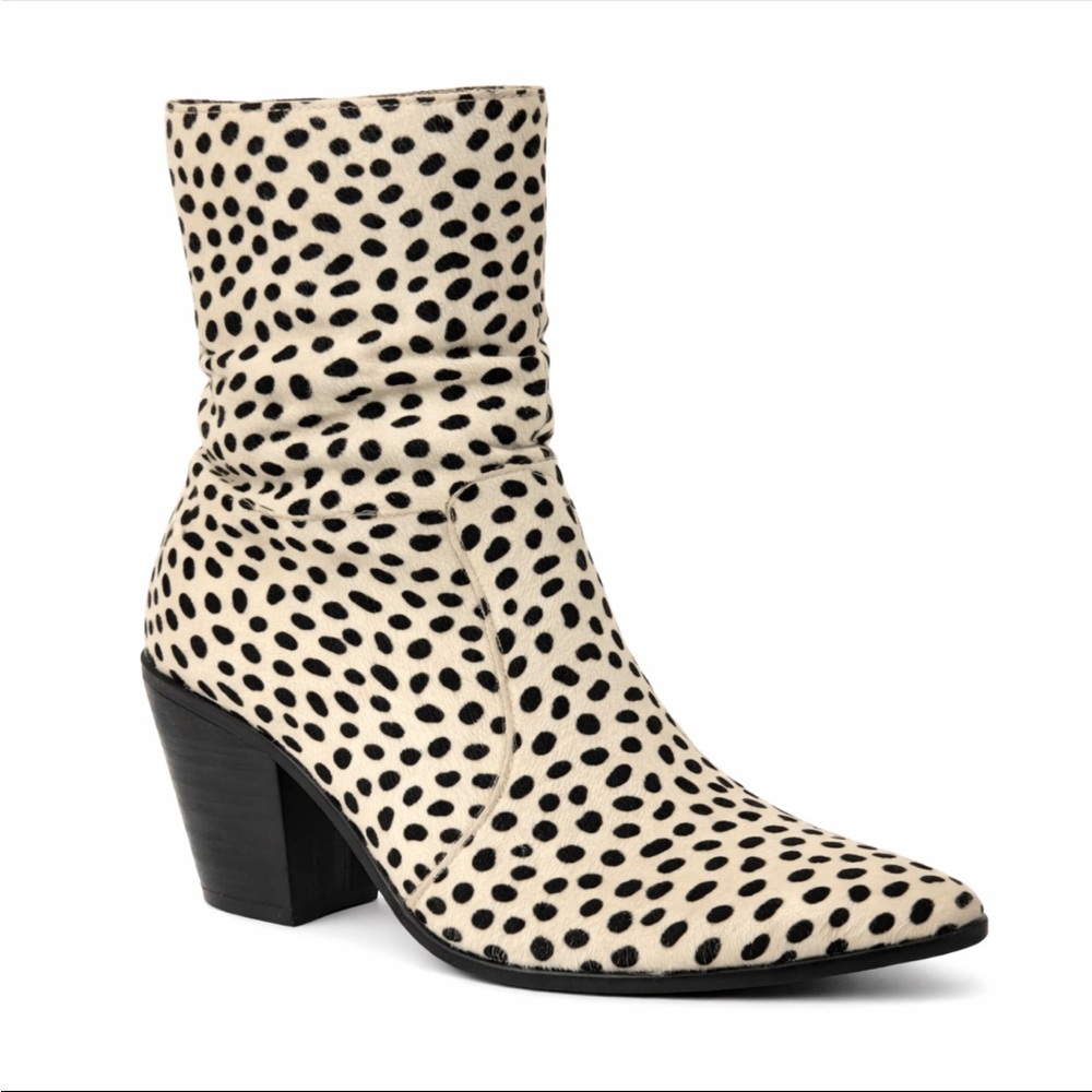 Jeffrey Campbell Spotted Calf Hair Ankle Booties Black White Print Chunky Heel